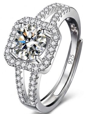 925 Sterling Silver Elegant White Halo Engagement Ring Adjustable